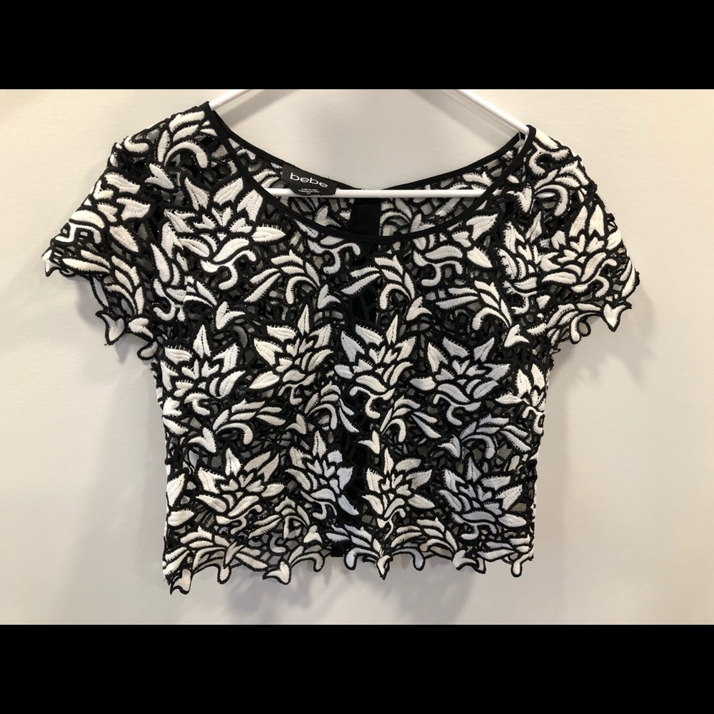 Bebe | Black and white lace crop top